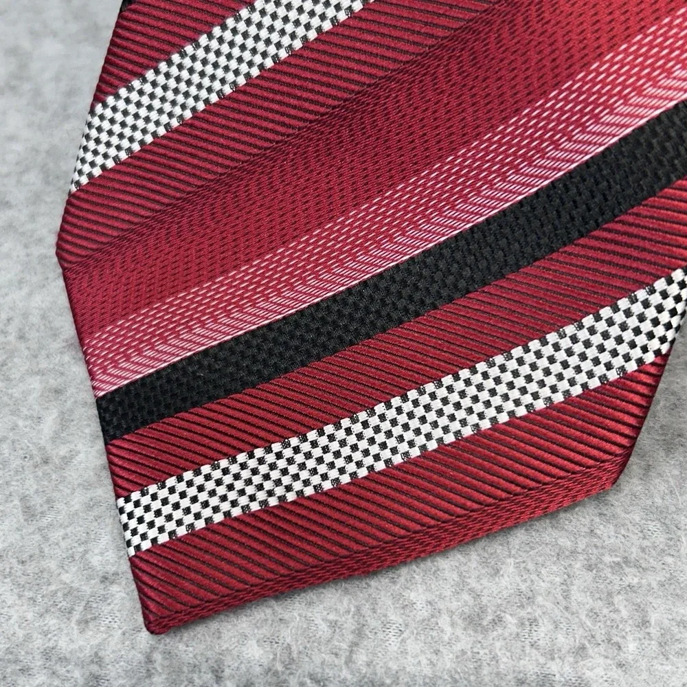 Mens 100% Silk Wide Striped Necktie Red Black White Self Tipped 60